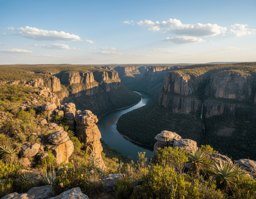 A breathtaking view of Blyde River Canyon in South Africa, capturing the dramatic cliffs and lush greenery. In the foreground, vibrant vegetation and unique rock formations lead the eye towards the canyon's deep gorge, where the river winds through the landscape. The middle ground highlights the steep cliffs, showcasing their rugged textures and occasional waterfalls cascading down. In the background, a clear blue sky with soft, fluffy clouds enhances the panoramic view, while the sun casts warm golden light, creating a tranquil atmosphere. The scene is framed from a high angle to emphasize the vastness of the canyon and its natural beauty, inviting awe and adventure.