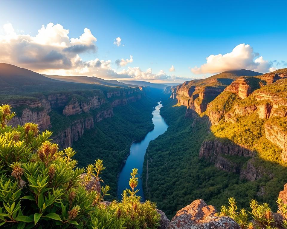 A breathtaking view of Blyde River Canyon, showcasing its dramatic geological formations and lush green vegetation. In the foreground, vibrant plants and rocky outcrops frame the scene. The middle ground features the deep, winding river snaking through the canyon, with steep cliffs that rise majestically on either side. In the background, the blue sky is dotted with soft, fluffy clouds, illuminated by warm golden sunlight casting a serene ambiance. Use a wide-angle lens to capture the expansive landscape, emphasizing the canyon's depth and grandeur. The overall atmosphere is tranquil yet awe-inspiring, reflecting the natural beauty and geographic significance of Blyde River Canyon. A breathtaking view of Blyde River Canyon, showcasing its dramatic geological formations and lush green vegetation. In the foreground, vibrant plants and rocky outcrops frame the scene. The middle ground features the deep, winding river snaking through the canyon, with steep cliffs that rise majestically on either side. In the background, the blue sky is dotted with soft, fluffy clouds, illuminated by warm golden sunlight casting a serene ambiance. Use a wide-angle lens to capture the expansive landscape, emphasizing the canyon's depth and grandeur. The overall atmosphere is tranquil yet awe-inspiring, reflecting the natural beauty and geographic significance of Blyde River Canyon.