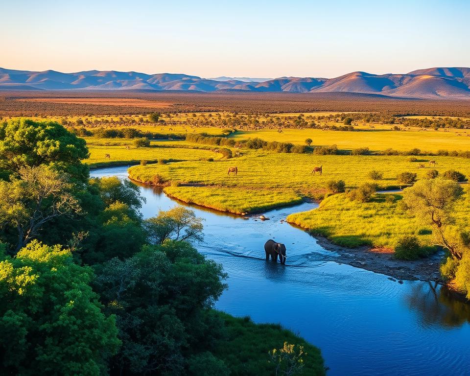 A breathtaking view of Caprivi National Parks in Namibia, showcasing lush green landscapes teeming with wildlife. In the foreground, a tranquil river meanders through the scene, reflecting the vibrant blue sky. Lush trees and dense vegetation frame the riverbanks, with a family of elephants drinking at the water's edge. In the middle ground, vast savannahs stretch outward, dotted with antelopes grazing peacefully. The background features rolling hills under the warm golden glow of late afternoon sunlight, casting long shadows. The atmosphere is serene and natural, inviting viewers to appreciate the beauty of protected wildlife areas. Shot with a wide-angle lens to capture the expansive view, emphasizing the harmony of nature in a well-preserved national park setting. A breathtaking view of Caprivi National Parks in Namibia, showcasing lush green landscapes teeming with wildlife. In the foreground, a tranquil river meanders through the scene, reflecting the vibrant blue sky. Lush trees and dense vegetation frame the riverbanks, with a family of elephants drinking at the water's edge. In the middle ground, vast savannahs stretch outward, dotted with antelopes grazing peacefully. The background features rolling hills under the warm golden glow of late afternoon sunlight, casting long shadows. The atmosphere is serene and natural, inviting viewers to appreciate the beauty of protected wildlife areas. Shot with a wide-angle lens to capture the expansive view, emphasizing the harmony of nature in a well-preserved national park setting.