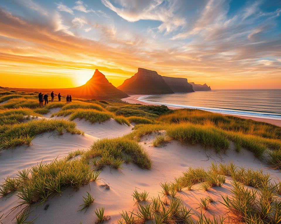 A breathtaking view of De Hoop Nature Reserve at sunset, showcasing the unique coastal landscape. In the foreground, gentle sand dunes covered with sparse green vegetation, leading to pristine beaches. The middle ground features vibrant grasses swaying in the soft breeze, with a few visitors in professional casual attire capturing moments with cameras. In the background, towering cliffs rise against the rich hues of the sunset, casting golden reflections on the calm waters of the Indian Ocean. The soft, warm lighting enhances the serene atmosphere, inviting viewers to experience the beauty of this stunning location. The scene is composed with a wide-angle perspective, highlighting the expansive sky filled with wispy clouds and the brilliant colors of dusk.