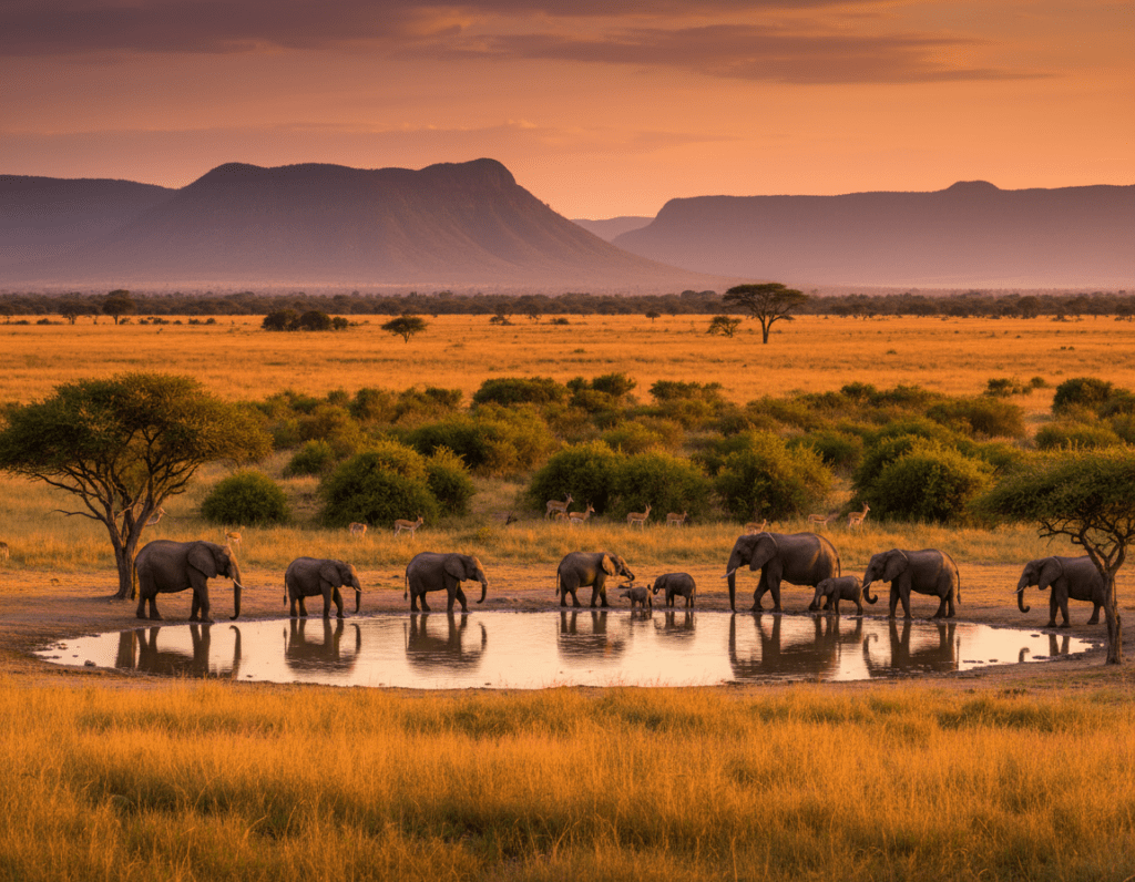 A breathtaking view of Hwange National Park during the best travel season, capturing the vibrant landscape in golden sunset light. In the foreground, a wide-angle shot of a waterhole surrounded by acacia trees and a herd of elephants drinking peacefully. In the middle ground, a panoramic view of expansive savanna grasslands, dotted with wild grasses and occasional patches of dense bush, showcasing the rich biodiversity. In the background, the horizon is lined with distant mountains under a colorful sky transitioning from orange to purple as the sun sets. The atmosphere is tranquil and inviting, with soft, warm lighting that enhances the beauty of the scene. The image should evoke a sense of adventure and the natural wonders of Hwange National Park.