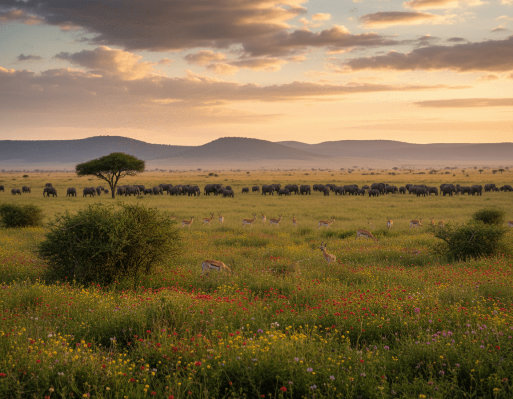 A breathtaking view of Hwange National Park, showcasing its diverse landscapes and rich vegetation. In the foreground, acacia trees and vibrant wildflowers create a colorful scene. The middle ground features a sprawling grassy savanna dotted with herds of elephants and antelopes grazing peacefully. In the background, a stunning sunset casts warm golden hues across the sky, illuminating distant hills and fluffy clouds. The scene is captured with a wide-angle lens, emphasizing the vastness of the landscape. Soft, natural lighting enhances the serene atmosphere, inviting viewers to experience the beauty of Africa's wildlife habitat. No people are present, focusing solely on the natural splendor of Hwange National Park.
