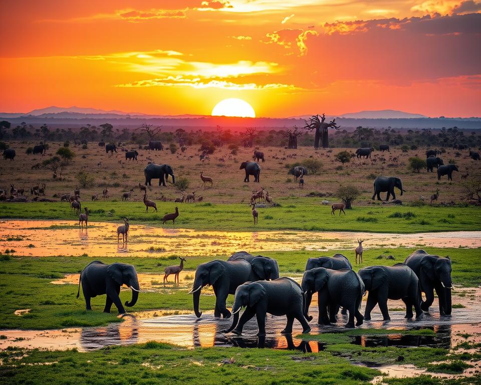A breathtaking view of Moremi Park in Namibia during golden hour, showcasing the striking contrast of lush wetlands and arid savannah. In the foreground, a group of elephants gracefully wades through the water, their reflections shimmering in the soft light. In the middle ground, a diverse array of wildlife, including antelope and colorful birds, adds life to the habitat. The background features distant, majestic baobab trees silhouetted against a vibrant sunset sky filled with hues of orange, pink, and purple. The atmosphere is serene and enchanting, capturing the profound beauty and uniqueness of this protected area. The composition should have a wide-angle perspective to encompass the vast landscape, highlighting the harmony of nature. A breathtaking view of Moremi Park in Namibia during golden hour, showcasing the striking contrast of lush wetlands and arid savannah. In the foreground, a group of elephants gracefully wades through the water, their reflections shimmering in the soft light. In the middle ground, a diverse array of wildlife, including antelope and colorful birds, adds life to the habitat. The background features distant, majestic baobab trees silhouetted against a vibrant sunset sky filled with hues of orange, pink, and purple. The atmosphere is serene and enchanting, capturing the profound beauty and uniqueness of this protected area. The composition should have a wide-angle perspective to encompass the vast landscape, highlighting the harmony of nature.