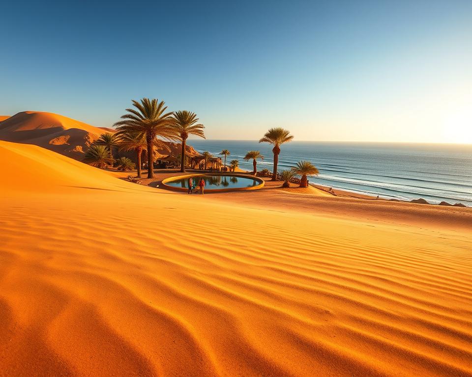 A breathtaking view of North Africa showcasing its diverse landscapes. In the foreground, a golden sandy dune of the Sahara Desert, with gentle ripples reflecting the warm sunlight. In the middle ground, an oasis featuring lush palm trees and a serene, shimmering pool of water. Add a few people dressed in modest, colorful clothing enjoying the beauty of the surroundings, interacting harmoniously with nature. In the background, a stunning coastal view of the Mediterranean Sea with gentle waves and a clear blue sky, subtly fading into the horizon. The lighting is warm and inviting, evoking a sense of tranquility and adventure, with soft shadows cast across the sand. The image should capture the mood of exploration and the unique charm of North Africa’s desert and Mediterranean influences, conveying the perfect time to experience this vibrant region.