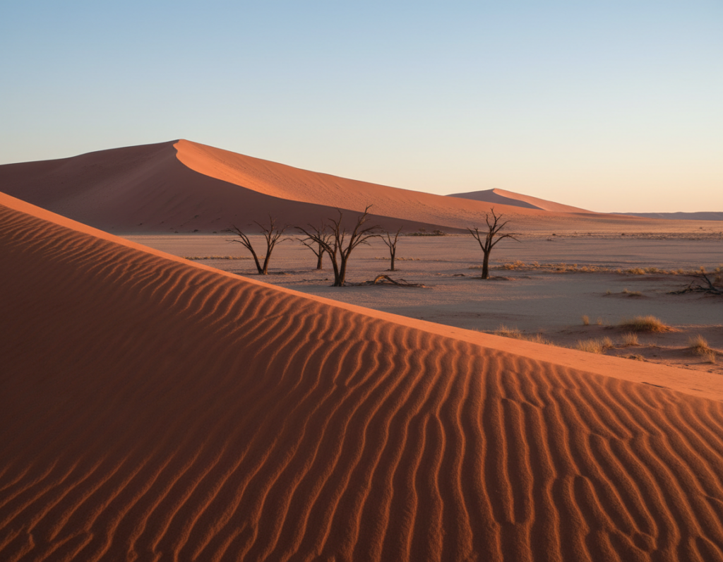 A breathtaking view of Sossusvlei during golden hour, showcasing the iconic red sand dunes towering in the foreground, casting long shadows across the desert floor. In the middle ground, a cluster of ancient camel thorn trees stands starkly against the dunes, their twisted branches adding a sense of mystique. The background features the vast, arid landscape stretching towards the horizon, where a clear blue sky meets the warm tones of the desert. The scene is illuminated by soft, warm light, enhancing the rich colors and textures of the sand. Capture the mood of tranquility and wonder, evoking the unique beauty of Namibia's desert environment. Ensure the composition is clear and focused, with a slight emphasis on the play of light and shadow across the dunes.