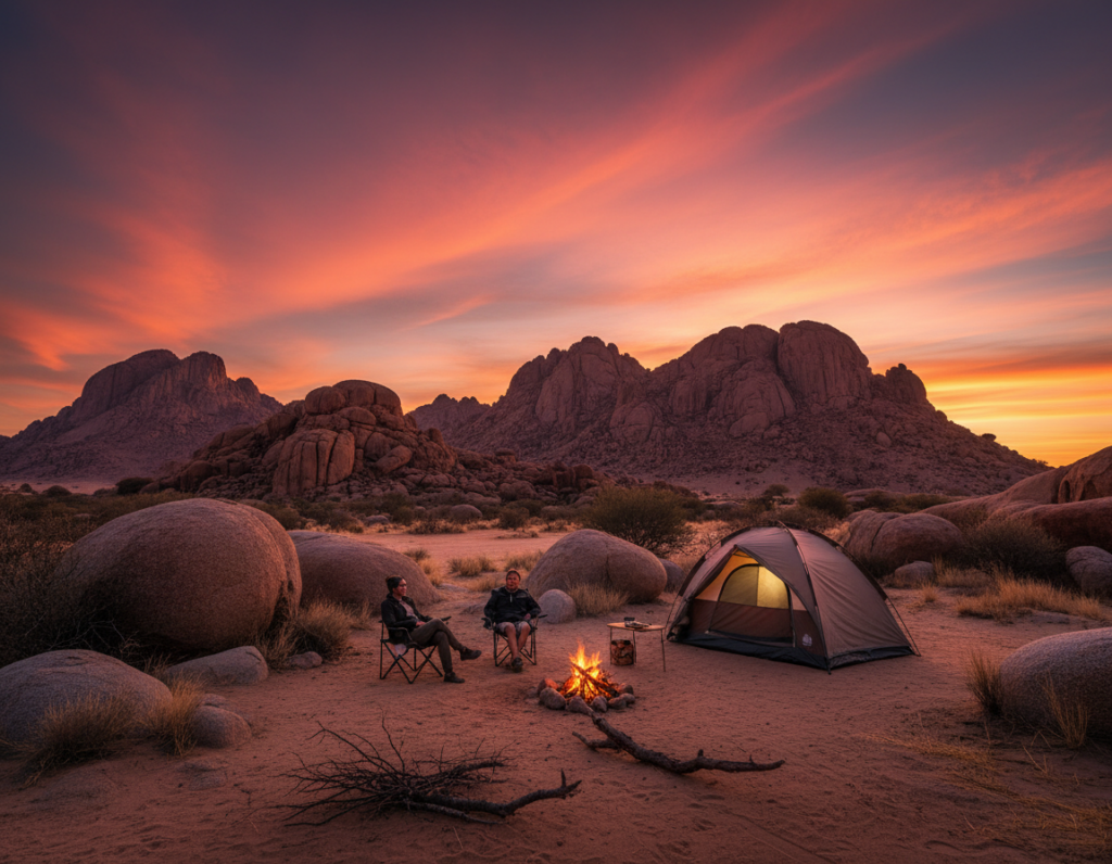 A breathtaking view of Spitzkoppe at sunset, highlighting the majestic granite peaks in the background, bathed in warm orange and pink hues. In the foreground, a serene campsite with a cozy tent and a glowing campfire, surrounded by scattered boulders and sparse vegetation typical of the Namibian landscape. The middle ground features the iconic rock formations of Spitzkoppe rising dramatically against the sky. The scene is illuminated by soft, fading light, creating long shadows and a tranquil atmosphere. Captured with a wide-angle lens to emphasize the vastness of the landscape, evoking a sense of adventure and serenity in this natural wonder. The mood is peaceful, inviting viewers to imagine themselves immersed in nature.