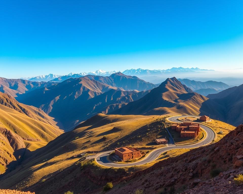 A breathtaking view of Tizi-n-Tichka Pass in the High Atlas Mountains, showcasing rugged, majestic peaks under a clear blue sky. In the foreground, the winding road snakes around the mountains, framed by vibrant green hills on either side. Midground elements include traditional Berber villages with clay houses, blending harmoniously into the landscape. In the background, distant snow-capped mountains rise dramatically against the horizon, casting soft shadows on the valleys below. The atmosphere is tranquil, with warm, golden sunlight illuminating the scene, creating a serene and inviting mood. Capture this scenic beauty from a slightly elevated angle, emphasizing the curves of the road and the vastness of the surrounding nature, perfect for illustrating the allure of a Moroccan journey.