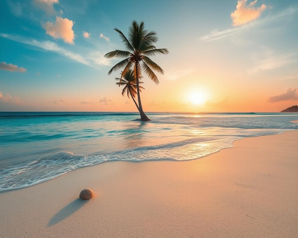 A breathtaking view of Zanzibar's pristine beaches during the best travel season, showcasing soft, white sand and crystal clear turquoise waters. In the foreground, gentle waves lap at the shore, with a few seashells scattered along the sand. The middle ground features a couple of palm trees swaying in the light tropical breeze, casting playful shadows. The background reveals a stunning sunset bursting with warm oranges and purples, reflecting on the water's surface. Use soft, golden hour lighting to create a serene and inviting atmosphere. Capture the scene with a wide-angle lens, emphasizing the vastness of the beach and sky, evoking a sense of tranquility and the allure of a perfect beach getaway.
