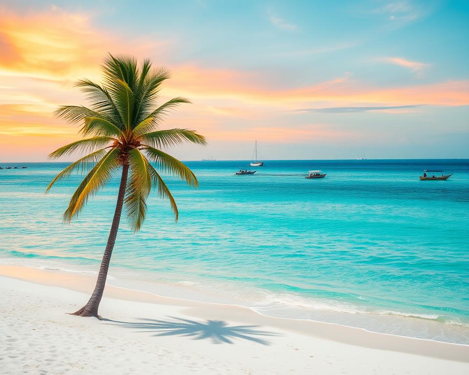 A breathtaking view of Zanzibar's pristine beaches, featuring soft white sands gently lapping against clear turquoise waters. In the foreground, a lone palm tree sways gracefully, offering shade from the warm sun. The middle ground showcases a serene beach scene with a few beach loungers and parasols, inviting relaxation. In the background, distant fishing boats gently glide across the horizon under a vibrant sunset sky painted with hues of orange and pink. The lighting casts a warm golden glow over the landscape, enhancing the tropical atmosphere. Capture this idyllic moment from a slightly elevated angle to provide depth to the composition, evoking a sense of peace and tranquility that embodies the beauty of Zanzibar's beaches.