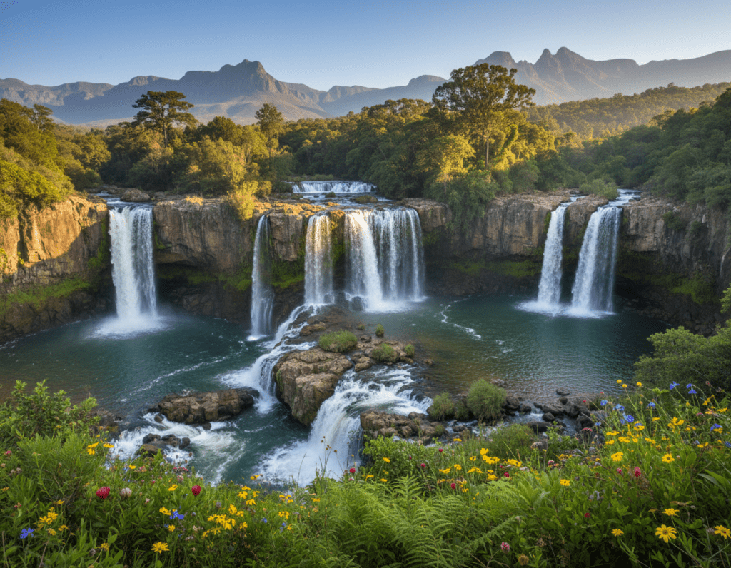 A breathtaking view of a waterfall landscape featuring Berlin Falls, Lisbon Falls, and Mac Mac Falls in South Africa. In the foreground, lush greenery and vibrant wildflowers frame the scene, with the rushing water cascading over the rocky cliffs. The middle layer showcases the three waterfalls, each with distinct features—Berlin Falls with its dramatic height, Lisbon Falls wide and tranquil, and Mac Mac Falls creating serene pools below. In the background, a dense forest of tall trees and distant mountains under a clear blue sky with soft, golden sunlight illuminating the scene, casting gentle shadows. The overall atmosphere conveys tranquility and natural beauty, reminiscent of an untouched paradise, inviting travelers to explore.