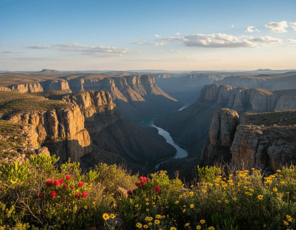 A breathtaking view of the Blyde River Canyon in South Africa, showcasing its dramatic cliffs and lush greenery. In the foreground, a cluster of vibrant native flora, including wildflowers and shrubs, creates a natural frame. The middle ground features the canyon walls, steep and rugged, with hints of reddish rock reflecting the sunlight. In the background, the expansive canyon stretches into the distance, with the shimmering river winding through, set against a clear blue sky dotted with fluffy white clouds. The lighting is warm and golden, typical of late afternoon, casting gentle shadows and enhancing the textures of the rocks. The scene evokes a sense of peace and adventure, perfect for travelers exploring this stunning landscape along the Panorama Route.
