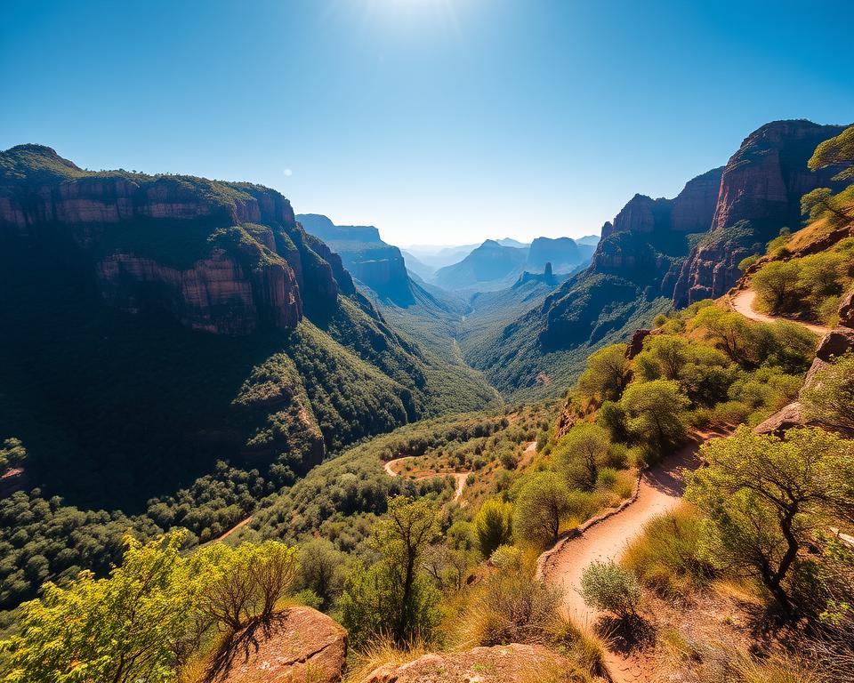 A breathtaking view of the Blyde River Canyon in South Africa, showcasing vibrant green lush landscapes and dramatic cliffs in the foreground. In the middle ground, a winding hiking trail meanders along the canyon’s edge, inviting adventurers to explore. The background features imposing red sandstone formations against a clear blue sky, with soft, diffused sunlight illuminating the scene, creating a warm, inviting atmosphere. Capture the essence of a tranquil afternoon, with shadows casting gently on the ground. The lens captures the natural beauty from a slightly elevated angle, emphasizing the expansive views and surrounding nature. The mood is one of exploration and serenity, perfect for outdoor enthusiasts seeking adventure and connection with nature.