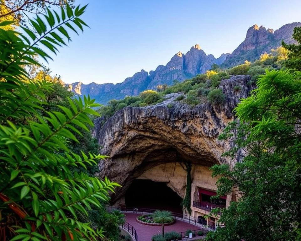 A breathtaking view of the Cango Caves in South Africa, emphasizing the natural conservation efforts in the area. In the foreground, lush green ferns and native flora frame the opening of the caves, inviting exploration. The middle ground features the grand entrance of the caves, with intricate rock formations and natural stone textures illuminated by soft, warm lighting that highlights the geological details. In the background, rugged mountains rise under a clear blue sky, creating a sense of serenity and majesty. The atmosphere exudes tranquility, showcasing the importance of preservation of this natural wonder. Use a wide-angle lens for depth and a slightly elevated angle for a dramatic perspective, ensuring a captivating composition that emphasizes nature's beauty and the significance of conservation efforts. A breathtaking view of the Cango Caves in South Africa, emphasizing the natural conservation efforts in the area. In the foreground, lush green ferns and native flora frame the opening of the caves, inviting exploration. The middle ground features the grand entrance of the caves, with intricate rock formations and natural stone textures illuminated by soft, warm lighting that highlights the geological details. In the background, rugged mountains rise under a clear blue sky, creating a sense of serenity and majesty. The atmosphere exudes tranquility, showcasing the importance of preservation of this natural wonder. Use a wide-angle lens for depth and a slightly elevated angle for a dramatic perspective, ensuring a captivating composition that emphasizes nature's beauty and the significance of conservation efforts.