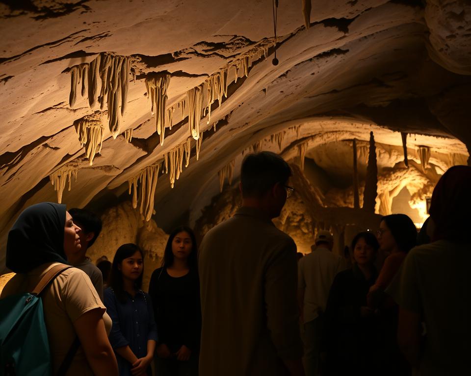A breathtaking view of the Cango Caves in South Africa, highlighting their cultural significance. In the foreground, a knowledgeable guide in modest casual clothing explains the cave's history to a small group of diverse visitors, each displaying wonder and curiosity. The middle ground features the intricate limestone formations, with dramatic stalactites and stalagmites illuminated by soft, warm, ambient lighting that accentuates their textures. In the background, additional cave chambers extend into shadowy contours, inviting exploration. A subtle bluish hue permeates the air, enhancing the mystical atmosphere. The scene is captured from a slightly low angle, emphasizing the grandeur of the cave's architecture, while maintaining a sense of inclusivity and wonder among the visitors. A breathtaking view of the Cango Caves in South Africa, highlighting their cultural significance. In the foreground, a knowledgeable guide in modest casual clothing explains the cave's history to a small group of diverse visitors, each displaying wonder and curiosity. The middle ground features the intricate limestone formations, with dramatic stalactites and stalagmites illuminated by soft, warm, ambient lighting that accentuates their textures. In the background, additional cave chambers extend into shadowy contours, inviting exploration. A subtle bluish hue permeates the air, enhancing the mystical atmosphere. The scene is captured from a slightly low angle, emphasizing the grandeur of the cave's architecture, while maintaining a sense of inclusivity and wonder among the visitors.