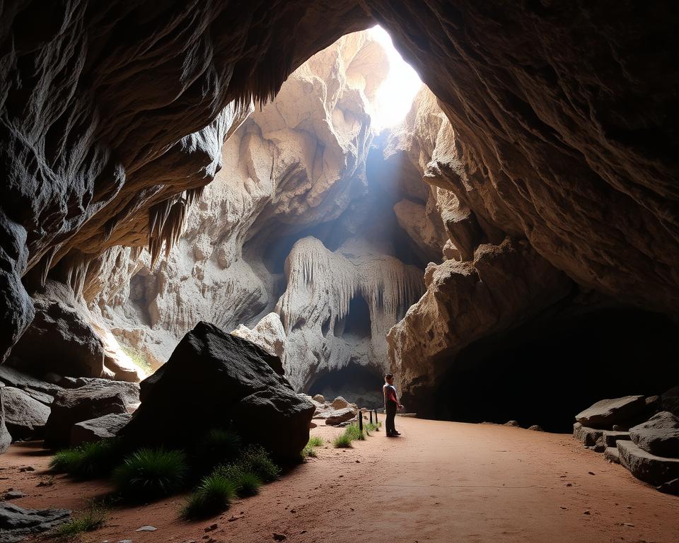 A breathtaking view of the Cango Caves in South Africa, showcasing their stunning limestone formations and intricate stalactites. In the foreground, a pathway leads through the caves, mottled with soft shadows and delicate highlighting, suggesting a recent visit. The middle ground features massive, naturally occurring rock structures with an ethereal glow emanating from subtle openings above, where sunlight breaks through, creating a dynamic play of light and shadow. In the background, the cavernous expanse continues into darkness, hinting at the mystery of the caves. The atmosphere is serene yet awe-inspiring, conveying a sense of wonder and adventure. Capture this scene from a slight low angle to enhance the grandeur of the caves, with a warm color palette reflecting the natural hues of the rocks. No people present, allowing the natural beauty of the Cango Caves to take center stage. A breathtaking view of the Cango Caves in South Africa, showcasing their stunning limestone formations and intricate stalactites. In the foreground, a pathway leads through the caves, mottled with soft shadows and delicate highlighting, suggesting a recent visit. The middle ground features massive, naturally occurring rock structures with an ethereal glow emanating from subtle openings above, where sunlight breaks through, creating a dynamic play of light and shadow. In the background, the cavernous expanse continues into darkness, hinting at the mystery of the caves. The atmosphere is serene yet awe-inspiring, conveying a sense of wonder and adventure. Capture this scene from a slight low angle to enhance the grandeur of the caves, with a warm color palette reflecting the natural hues of the rocks. No people present, allowing the natural beauty of the Cango Caves to take center stage.