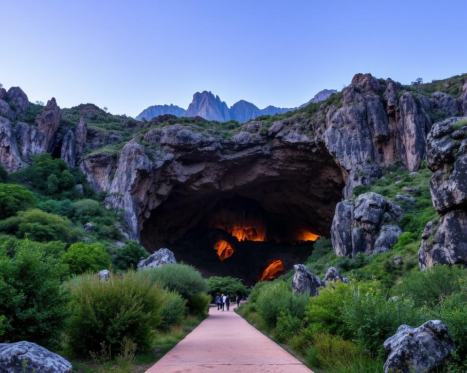 A breathtaking view of the Cango Caves in South Africa, showcasing their unique limestone formations. In the foreground, a pathway leads towards the cave entrance, flanked by lush greenery and rugged rock formations. The middle ground features the grand opening of the cave, revealing intricate stalactites and stalagmites illuminated by soft, warm lighting that creates a mystical atmosphere. In the background, the magnificent Swartberg Mountains rise, their majestic peaks slightly shrouded in mist, under a clear blue sky. Capture the scene from a low angle, emphasizing the scale of the caves and the surrounding landscape. The lighting should evoke a sense of adventure and wonder, inviting viewers to explore this natural marvel. A breathtaking view of the Cango Caves in South Africa, showcasing their unique limestone formations. In the foreground, a pathway leads towards the cave entrance, flanked by lush greenery and rugged rock formations. The middle ground features the grand opening of the cave, revealing intricate stalactites and stalagmites illuminated by soft, warm lighting that creates a mystical atmosphere. In the background, the magnificent Swartberg Mountains rise, their majestic peaks slightly shrouded in mist, under a clear blue sky. Capture the scene from a low angle, emphasizing the scale of the caves and the surrounding landscape. The lighting should evoke a sense of adventure and wonder, inviting viewers to explore this natural marvel.