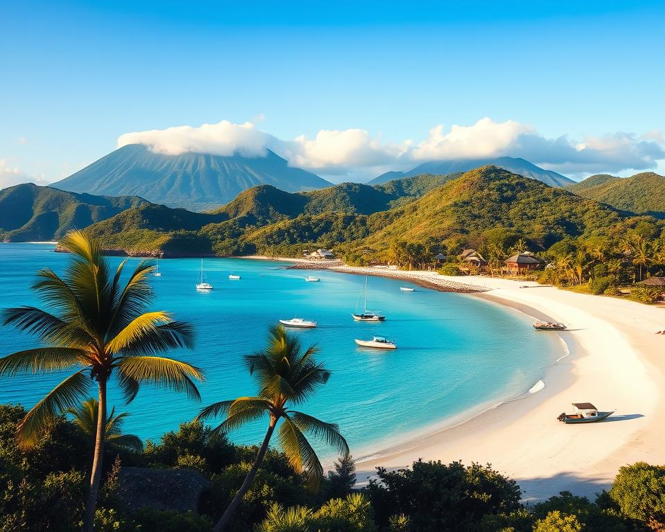 A breathtaking view of the Comoros Islands, showcasing their tropical paradise essence. In the foreground, a pristine white sandy beach curves gently around turquoise waters, dotted with small, colorful fishing boats. A few palm trees lean towards the water, their fronds swaying in a gentle breeze. In the middle ground, lush green hills rise, carpeted with vibrant tropical vegetation and dotted with charming, traditional thatched-roof houses. The background features dramatic volcanic peaks shrouded in mist against a bright blue sky. Soft, warm sunlight bathes the scene, creating a serene and inviting atmosphere. The image captures the essence of a forgotten paradise, perfect for relaxation and exploration, evoking a sense of tranquility and untouched beauty. A breathtaking view of the Comoros Islands, showcasing their tropical paradise essence. In the foreground, a pristine white sandy beach curves gently around turquoise waters, dotted with small, colorful fishing boats. A few palm trees lean towards the water, their fronds swaying in a gentle breeze. In the middle ground, lush green hills rise, carpeted with vibrant tropical vegetation and dotted with charming, traditional thatched-roof houses. The background features dramatic volcanic peaks shrouded in mist against a bright blue sky. Soft, warm sunlight bathes the scene, creating a serene and inviting atmosphere. The image captures the essence of a forgotten paradise, perfect for relaxation and exploration, evoking a sense of tranquility and untouched beauty.