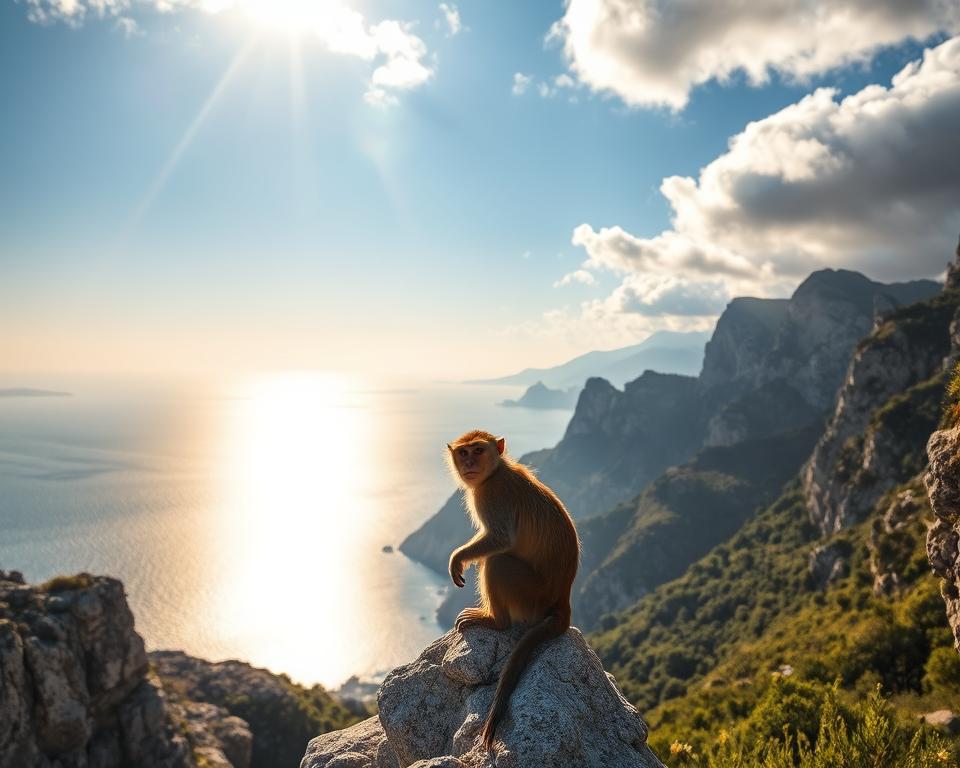 A breathtaking view of the Gibraltar Affenfelsen, characterized by its iconic rocky cliffs and lush greenery. In the foreground, a curious Barbary macaque is perched on a rocky outcrop, looking towards the horizon, symbolizing the area’s wildlife. The middle ground features a panoramic view of the Mediterranean Sea, shimmering under the warm golden light of a late afternoon sun. In the background, the mountainous silhouette of Spain is visible, creating a dramatic contrast against the vibrant sky filled with soft clouds. The atmosphere is serene and inviting, evoking a sense of adventure and tranquility. The image should employ a wide-angle lens to capture the expansive landscape and dramatic lighting, highlighting the natural beauty of this beloved photo spot.