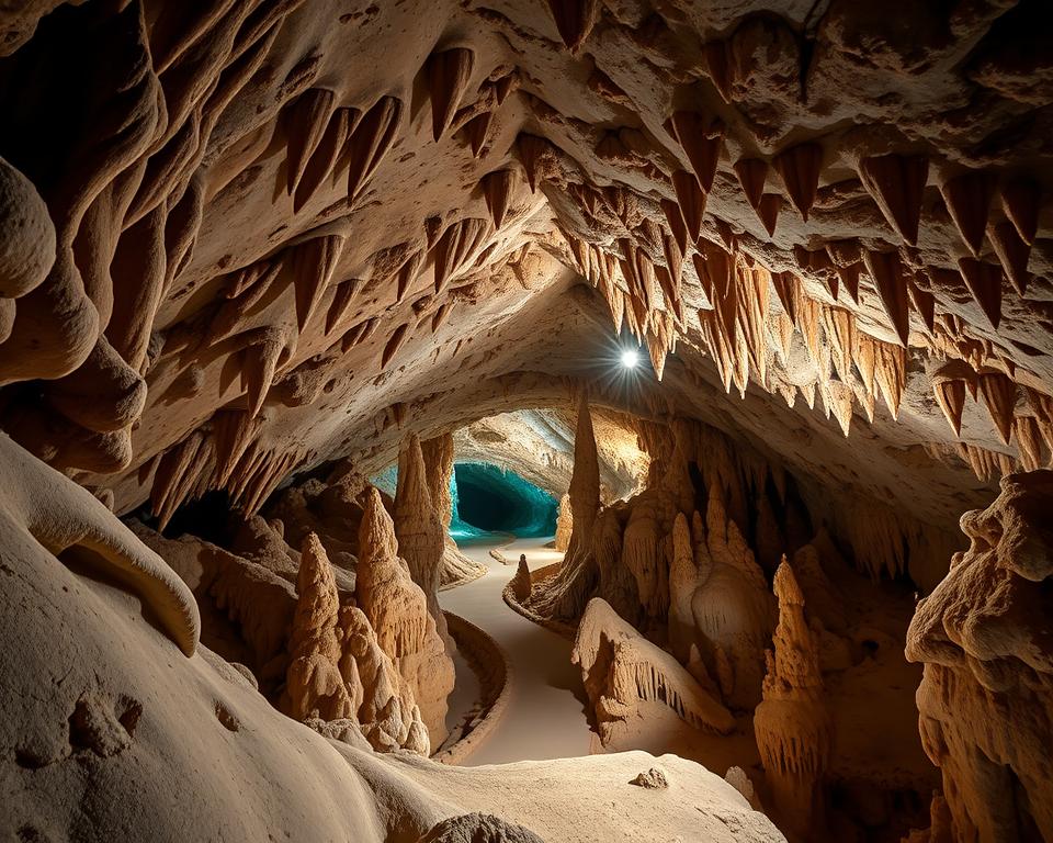 A breathtaking view of the Kalksteinformationen in the Cango Caves, showcasing intricate limestone formations with sharp stalactites and stalagmites that glisten under soft, ambient lighting. In the foreground, highlight the detailed textures of the limestone, with smooth and rough surfaces contrasting against each other. The middle ground should feature a winding pathway leading deeper into the cave, inviting exploration, while glowing mineral deposits reflect subtle hues of blue and green. The background reveals the cavern's vast ceiling, illuminated by dramatic spotlights, casting shadows that enhance the cave's mystery. Capture the serene yet awe-inspiring atmosphere, emphasizing the cool, damp environment, and the sense of geological history that permeates the scene. Ideal shot using a wide-angle lens from a low angle perspective to accentuate the depth and scale of the formations. A breathtaking view of the Kalksteinformationen in the Cango Caves, showcasing intricate limestone formations with sharp stalactites and stalagmites that glisten under soft, ambient lighting. In the foreground, highlight the detailed textures of the limestone, with smooth and rough surfaces contrasting against each other. The middle ground should feature a winding pathway leading deeper into the cave, inviting exploration, while glowing mineral deposits reflect subtle hues of blue and green. The background reveals the cavern's vast ceiling, illuminated by dramatic spotlights, casting shadows that enhance the cave's mystery. Capture the serene yet awe-inspiring atmosphere, emphasizing the cool, damp environment, and the sense of geological history that permeates the scene. Ideal shot using a wide-angle lens from a low angle perspective to accentuate the depth and scale of the formations.