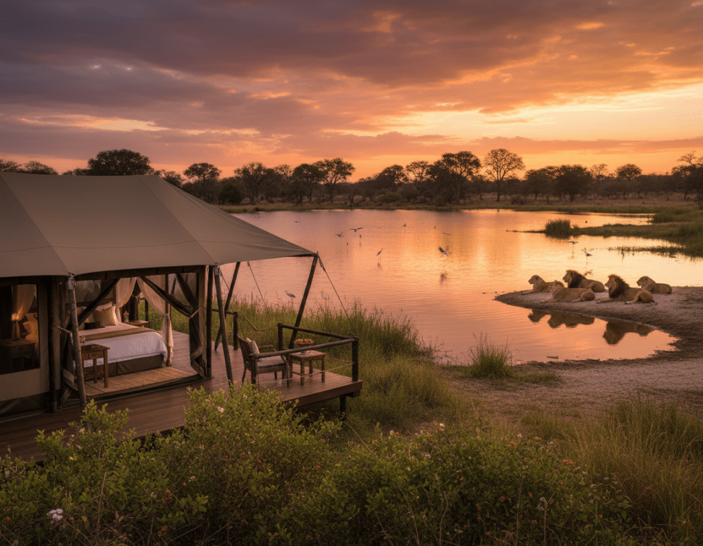 A breathtaking view of the Linyanti Wildlife Reserve, showcasing a luxurious safari camp overlooking a tranquil lagoon. In the foreground, a stylish tent with elegant furnishings is surrounded by lush greenery and vibrant wildflowers. The middle ground features the serene lagoon, reflecting the golden light of a setting sun, with gentle ripples and birds gracefully soaring above. In the background, silhouette of acacia trees stands against a dramatic sky, adorned with clouds painted in warm hues of orange and pink. A pride of lions lounges nearby, embodying wildlife action in their natural habitat. The scene should evoke a sense of adventure and tranquility, captured with a wide-angle lens to emphasize the expansive beauty of the landscape, bathed in soft, warm lighting that enhances the inviting atmosphere.