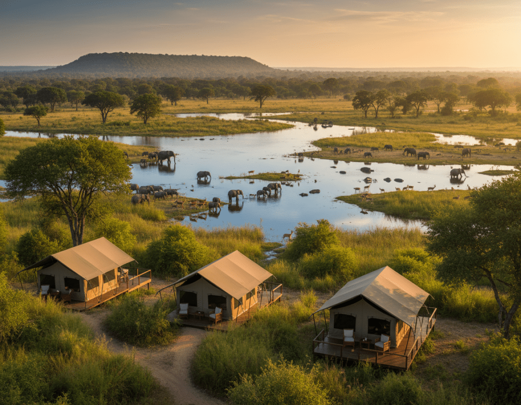 A breathtaking view of the Moremi Game Reserve, showcasing classic safari accommodations nestled among lush Mopane forests. In the foreground, elegant safari tents with wooden decks offer a cozy retreat, framed by vibrant green foliage and wild grasses. The middle ground features winding lagoons and tranquil channels, reflecting the clear blue sky and surrounded by a variety of wildlife, such as elephants and antelopes, grazing peacefully. In the background, distant rolling hills fade into soft shades of green and gold under warm, golden-hour lighting, creating a tranquil atmosphere. A soft, warm light bathes the scene, emphasizing the lush flora and inviting safari setting. The angle captures the expansive beauty of the landscape, drawing the viewer into this serene wilderness.