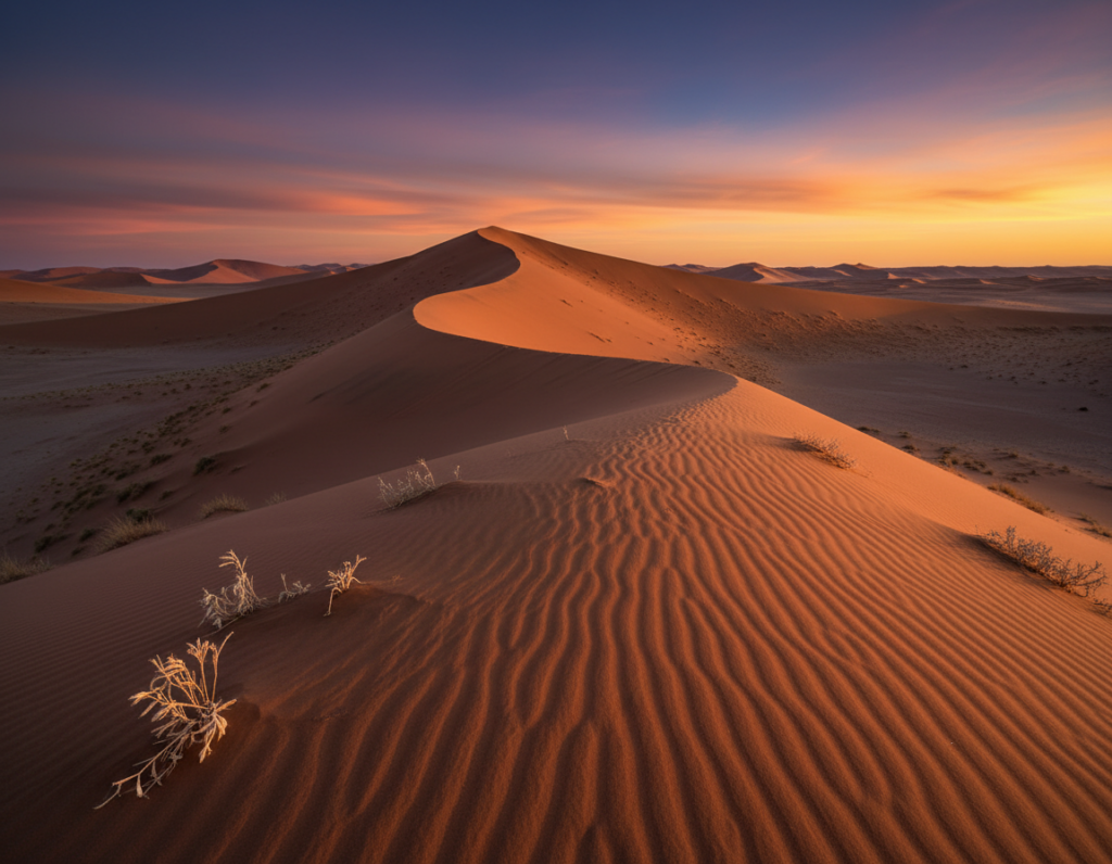 A breathtaking view of the Namib Desert at sunset, showcasing towering red sand dunes against a vast, open landscape. In the foreground, include rippling dune patterns with scattered patches of hardy arid vegetation. The middle ground should feature a dramatic dune, casting long shadows, while the background reveals a striking horizon of endless dunes under a vibrant sky painted with hues of orange, purple, and deep blue. The scene should have warm, golden lighting emphasizing the texture of the sands, and a sense of tranquility pervading the atmosphere. Capture this expansive view from a low angle, highlighting the grandeur of the desert landscape, creating a mood of awe and adventure.