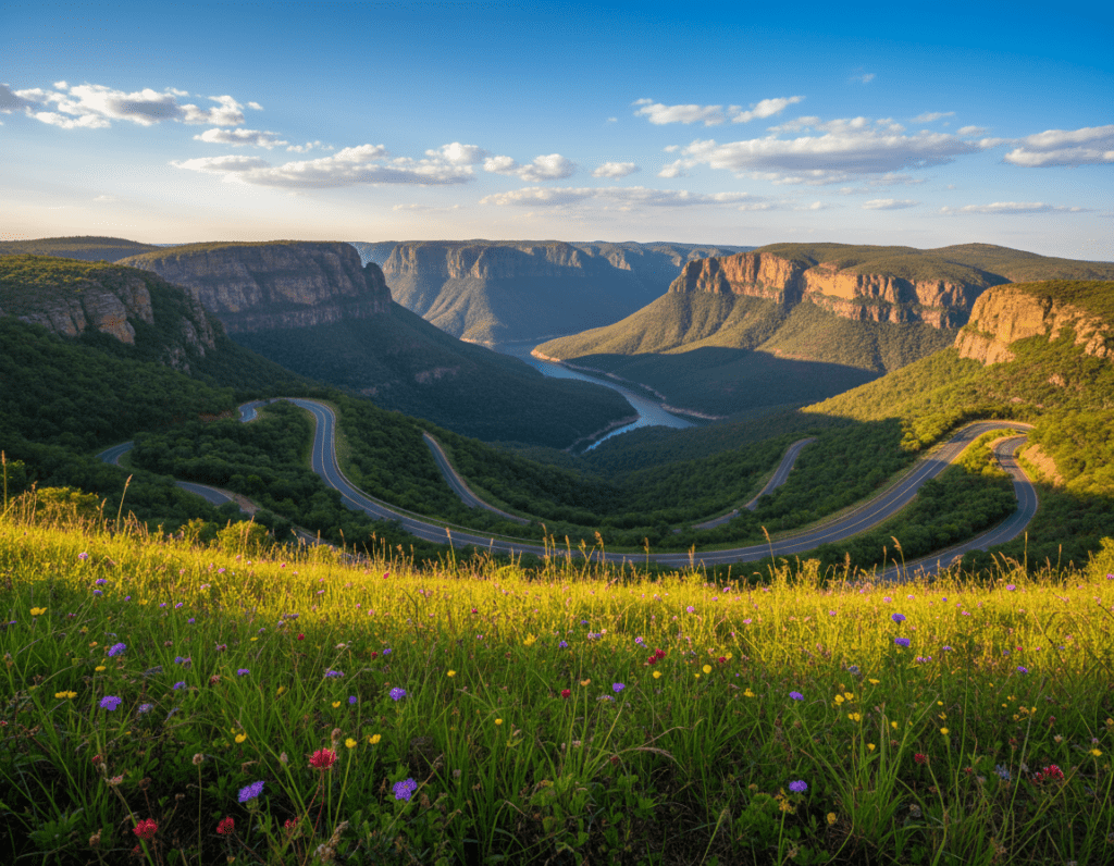 A breathtaking view of the Panorama Route in Mpumalanga, South Africa, showcasing a stunning landscape. In the foreground, vibrant green foliage and wildflowers sway gently in the breeze. The middle ground features winding roads that gracefully curve around lush hills, while majestic cliffs rise dramatically on the sides. In the background, a wide expanse of the Blyde River Canyon stretches beneath a bright blue sky dotted with fluffy white clouds. The sunlight casts a warm glow, creating a serene and inviting atmosphere, ideal for travel enthusiasts. Use a wide-angle lens effect to capture the grandeur of the scenery, emphasizing depth and distance, with the light accentuating the rich colors of the scenery for an uplifting and inspiring image.