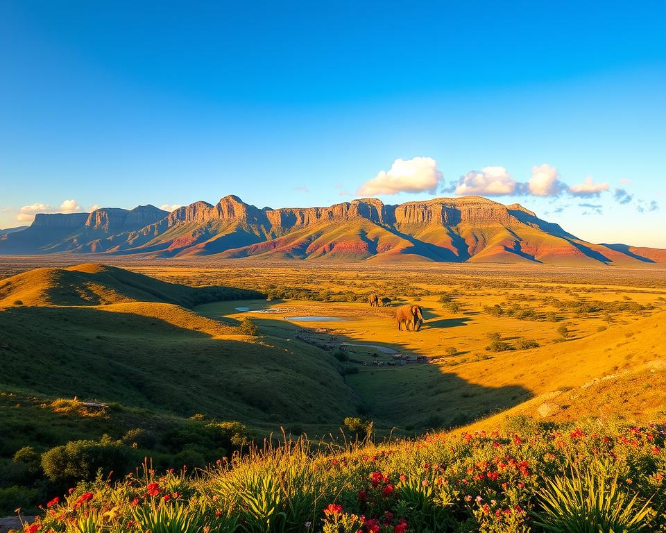 A breathtaking view of the Pilanesberg National Park during the golden hour, showcasing rolling hills covered with lush green vegetation and patches of vibrant wildflowers in the foreground. In the middle ground, a diverse array of wildlife, such as elephants and antelopes, peacefully grazing near a serene watering hole. In the background, the majestic granite peaks of the park rise under a clear, azure sky, with a few fluffy clouds casting soft shadows. The lighting is warm and inviting, enhancing the richness of colors in the landscape. The atmosphere is tranquil and serene, evoking a sense of adventure and exploration in nature. A wide-angle lens captures the expansive beauty of this iconic African landscape. A breathtaking view of the Pilanesberg National Park during the golden hour, showcasing rolling hills covered with lush green vegetation and patches of vibrant wildflowers in the foreground. In the middle ground, a diverse array of wildlife, such as elephants and antelopes, peacefully grazing near a serene watering hole. In the background, the majestic granite peaks of the park rise under a clear, azure sky, with a few fluffy clouds casting soft shadows. The lighting is warm and inviting, enhancing the richness of colors in the landscape. The atmosphere is tranquil and serene, evoking a sense of adventure and exploration in nature. A wide-angle lens captures the expansive beauty of this iconic African landscape.