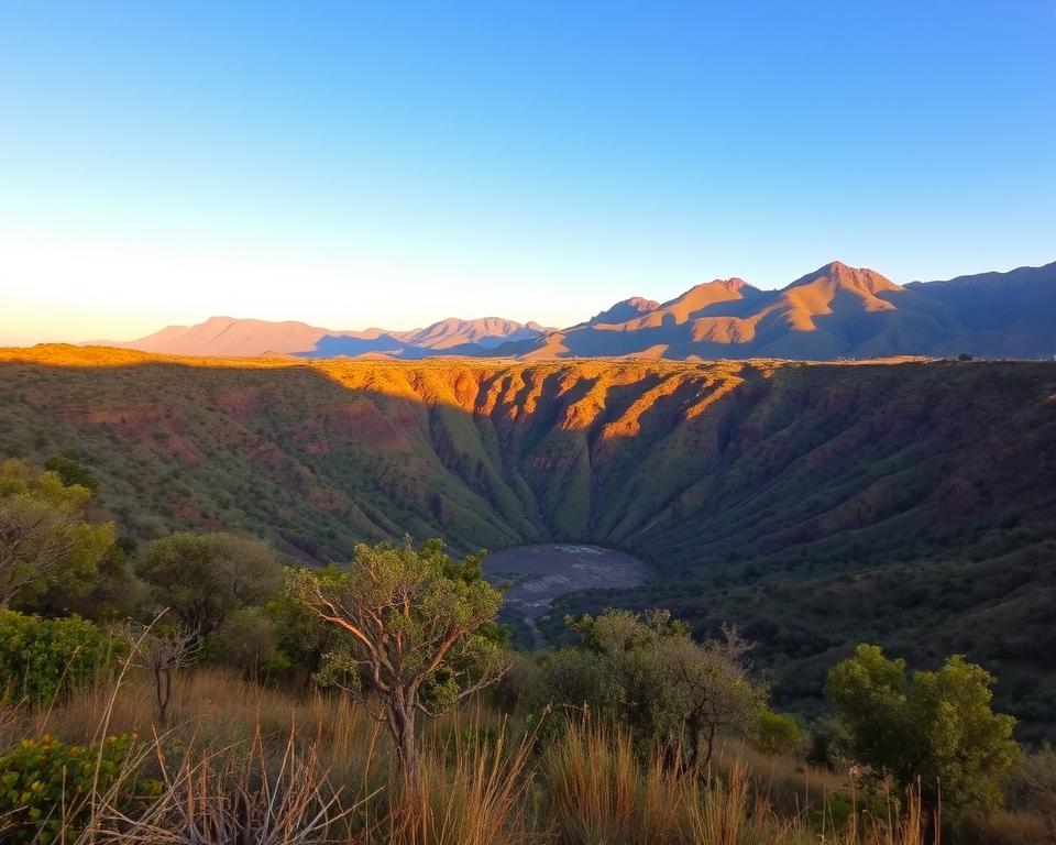A breathtaking view of the Pilanesberg Vulkankrater, showcasing its unique geological features. In the foreground, a lush landscape with diverse flora, including acacia trees and wild grasses. The middle ground reveals the expansive crater, characterized by its steep, rugged walls and vibrant hues of green and brown. In the background, dramatic mountains rise against a clear blue sky, illuminated by warm, golden sunlight creating soft shadows. The scene captures the essence of the South African wilderness, evoking a sense of adventure and mystery. The atmosphere is serene and inviting, suggesting the rich history and fascinating geological processes that shaped this remarkable park. The perspective is slightly elevated, resembling a drone view, to emphasize the crater's grandeur and scale. A breathtaking view of the Pilanesberg Vulkankrater, showcasing its unique geological features. In the foreground, a lush landscape with diverse flora, including acacia trees and wild grasses. The middle ground reveals the expansive crater, characterized by its steep, rugged walls and vibrant hues of green and brown. In the background, dramatic mountains rise against a clear blue sky, illuminated by warm, golden sunlight creating soft shadows. The scene captures the essence of the South African wilderness, evoking a sense of adventure and mystery. The atmosphere is serene and inviting, suggesting the rich history and fascinating geological processes that shaped this remarkable park. The perspective is slightly elevated, resembling a drone view, to emphasize the crater's grandeur and scale.