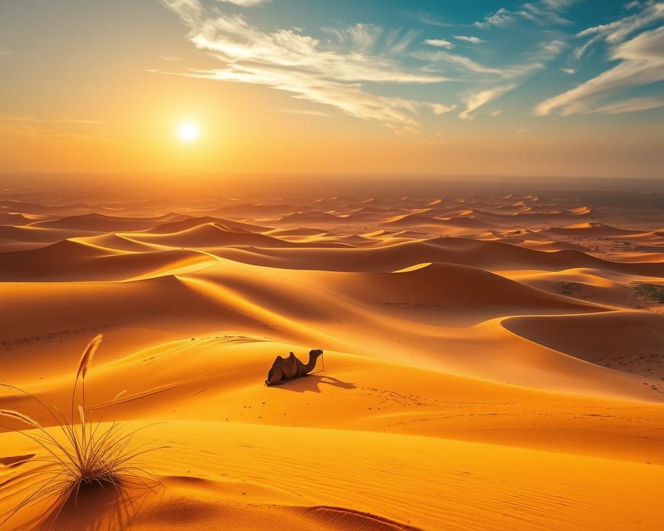 A breathtaking view of the Sahara Erg Chebbi desert, showcasing vast undulating sand dunes in various shades of golden yellow and soft orange, illuminated by the warm glow of the sun approaching dusk. In the foreground, delicate tufts of sparse desert grass sway gently in the breeze. The middle ground features a solitary camel resting on the warm sand, embodying the essence of tranquil desert life. The background showcases a vast stretch of the Sahara, with distant dunes curving gracefully under a clear deep blue sky, adorned with soft, wispy clouds. The scene conveys a sense of adventure and serenity, capturing the mystical beauty of this desert landscape. Lighting is soft and warm, emphasizing the textures of the sand and the richness of the colors, evoking a peaceful and enchanting atmosphere.