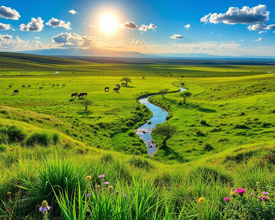 A breathtaking view of the Serengeti during the rainy season, showcasing vibrant, lush greenery stretching across rolling hills and valleys. In the foreground, a diverse array of native flora with bright green grasses and colorful wildflowers. The middle ground features a small, clear, meandering stream reflecting the deep blue sky, with scattered acacia trees and a herd of wildebeest grazing peacefully. In the background, the distant silhouette of mountains under a soft golden light as the sun breaks through scattered clouds, creating a warm and inviting atmosphere. The scene captures the essence of nature's transformation, filled with freshness and life, embodying the beauty of Tanzania during the rainy season.