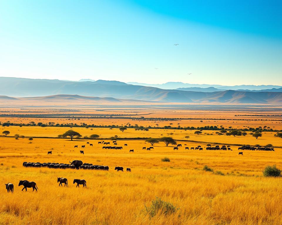 A breathtaking view of the Serengeti landscape, showcasing vast golden savannahs dotted with acacia trees under a brilliant blue sky. In the foreground, gentle rolling hills with tall grasses swaying in a warm breeze, and a herd of wildebeest grazing peacefully. The middle ground features a diverse range of wildlife, including a pride of lions resting in the shade, and a group of elephants roaming nearby. In the background, dramatic rolling hills converge with distant mountains under soft, golden sunlight, creating an evocative atmosphere. The scene embodies the essence of migration, with birds soaring high above. Capture this majestic vista with a warm, natural light, using a wide-angle perspective to enhance the depth of the landscape, evoking tranquility, beauty, and the untamed spirit of the Serengeti.