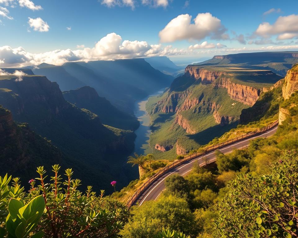 A breathtaking view of the "Sicherheit Panorama Route" in the Blyde River Canyon, showcasing lush green foliage in the foreground, with a narrow winding road lined by safety barriers. In the middle ground, majestic cliffs rise dramatically, dotted with wildflowers and interspersed with sunlight filtering through scattered clouds, casting playful shadows. In the background, the expansive canyon stretches into the horizon, with the river snaking its way through the gorge, reflecting the sky's colors. The scene is bathed in warm golden hour light, enhancing the vibrant greens and the soft blues of the sky. The image captures a serene, tranquil atmosphere that invites adventure and exploration while emphasizing safety in travel. The angle is slightly elevated, providing a panoramic perspective of this stunning landscape.
