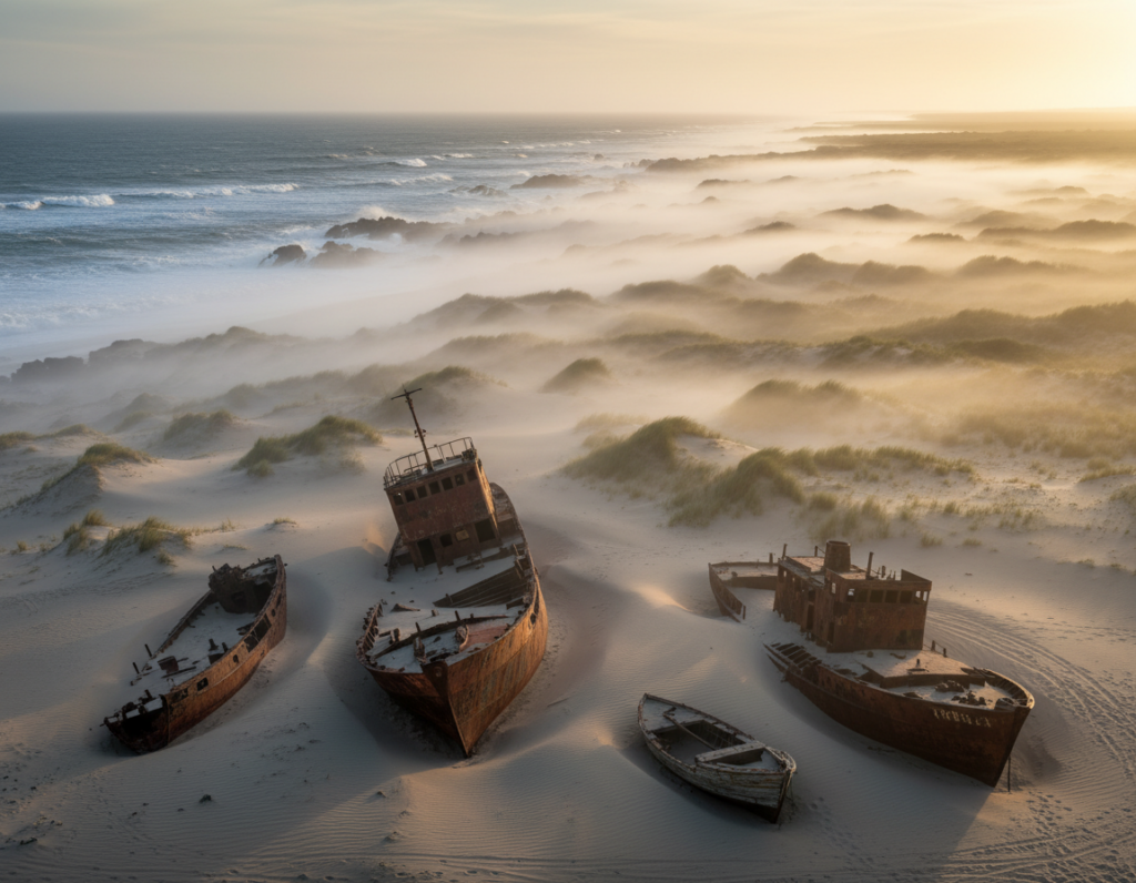 A breathtaking view of the Skeleton Coast in Namibia, showcasing its dramatic landscape. In the foreground, scattered shipwrecks are partially buried in the sandy shoreline, rusted and weathered by years of ocean storms. The middle ground features rolling dunes with sparse, hardy vegetation, shrouded in thick fog that adds an air of mystery. In the background, the rugged coastline meets the turbulent Atlantic Ocean, waves crashing against the jagged rocks. The scene is set during the golden hour, with warm, soft lighting casting long shadows and illuminating the mist. The overall mood is one of haunting beauty and wildness, evoking the eerie isolation of one of the world’s most treacherous coastlines. Capture this awe-inspiring vista from a slightly elevated angle for a compelling perspective.