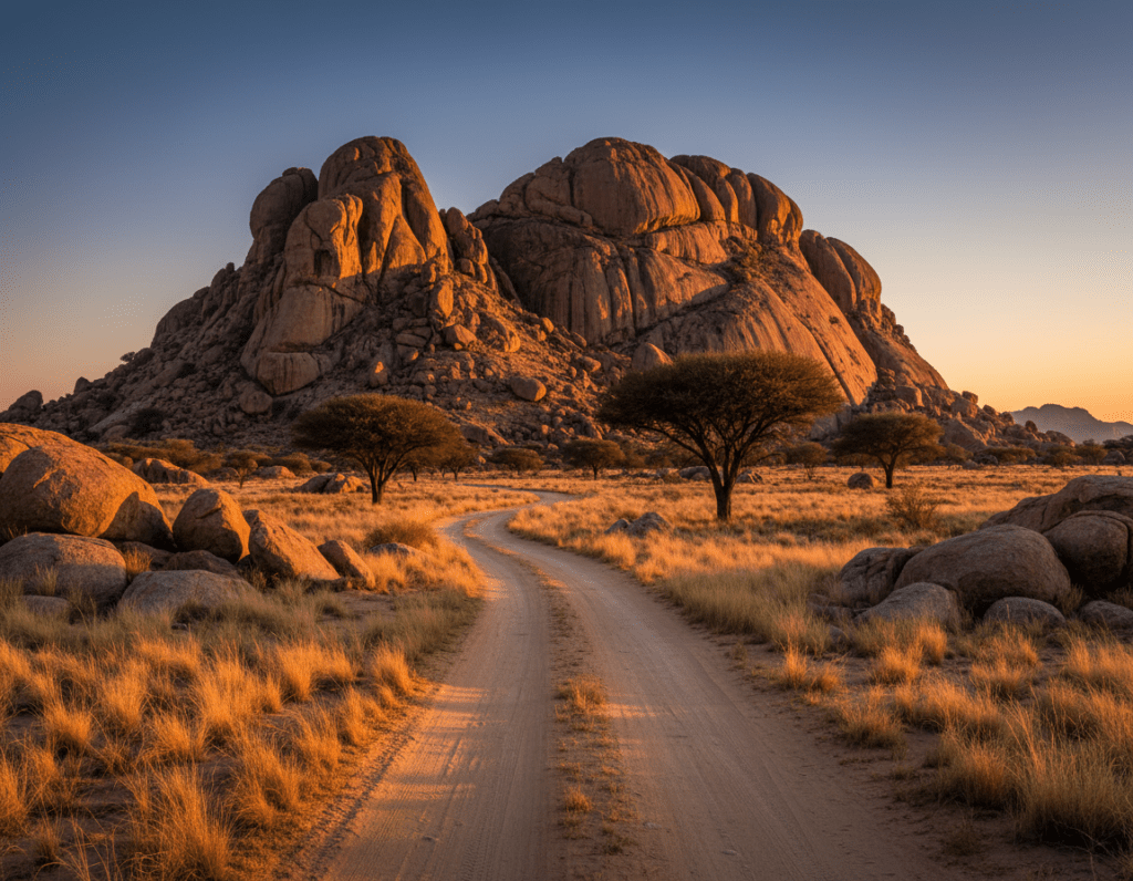 A breathtaking view of the Spitzkoppe in Namibia during the golden hour, showcasing the iconic rock formations towering against a clear blue sky. In the foreground, a winding dirt road leads toward the majestic granite peaks, bordered by sparse vegetation and scattered boulders. The middle ground features a few acacia trees, their silhouettes casting long shadows on the ground. In the background, the sun sets, illuminating the rocks with a warm orange glow, enhancing the rugged texture of the stone. The composition employs a wide-angle perspective to emphasize the vastness of the landscape, creating a sense of adventure and exploration. The mood is serene and awe-inspiring, inviting viewers to experience the natural beauty of this remote destination in Namibia.