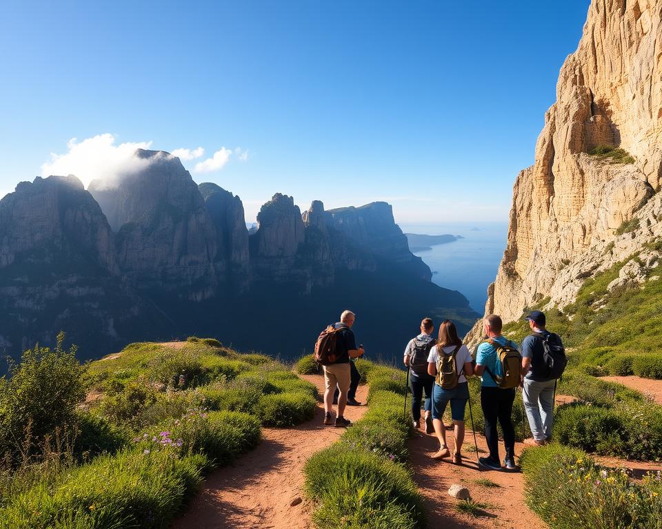 A breathtaking view of the Upper Rock of Gibraltar, showcasing its rugged beauty. In the foreground, a well-trodden hiking path meanders through lush green vegetation and wildflowers, inviting adventurous travelers. In the middle ground, a group of hikers in modest casual clothing, equipped with walking sticks, are captured mid-conversation while gazing at the stunning cliff scenery. Towering rock formations, partially illuminated by the soft golden light of a late afternoon sun, dominate the background, partially shrouded in wisps of mist. The atmosphere is serene and invigorating, with a clear blue sky contrasting sharply against the rocky outcrops. This image conveys the essence of hiking at the iconic Affenfelsen, emphasizing the natural beauty and outdoor adventure of the experience.