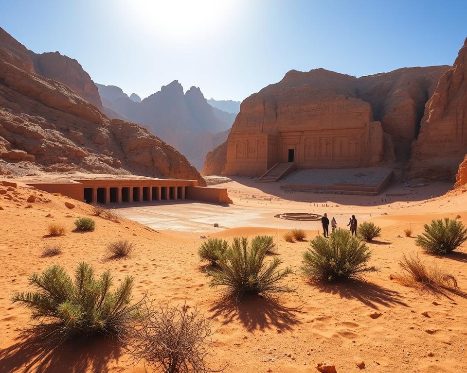 A breathtaking view of the Valley of the Kings in Egypt during the optimal travel time, showcasing the rich, golden sands under a vibrant blue sky. In the foreground, rugged desert terrain adorned with sparse, hardy vegetation leads the eye towards ancient tomb entrances, partially shaded by mountainous terrain. The middle ground features the iconic limestone cliffs, with hints of sunlight illuminating the intricate hieroglyphs carved into the stone. In the background, soft, warm sunlight casts elongated shadows, creating a serene atmosphere that invites exploration. The composition is captured from a slightly elevated angle, with a focus on the play of light and shadow, embodying the mystery and allure of this historic site. A calm and inviting mood envelops this stunning landscape, ideal for conveying the best times to visit.