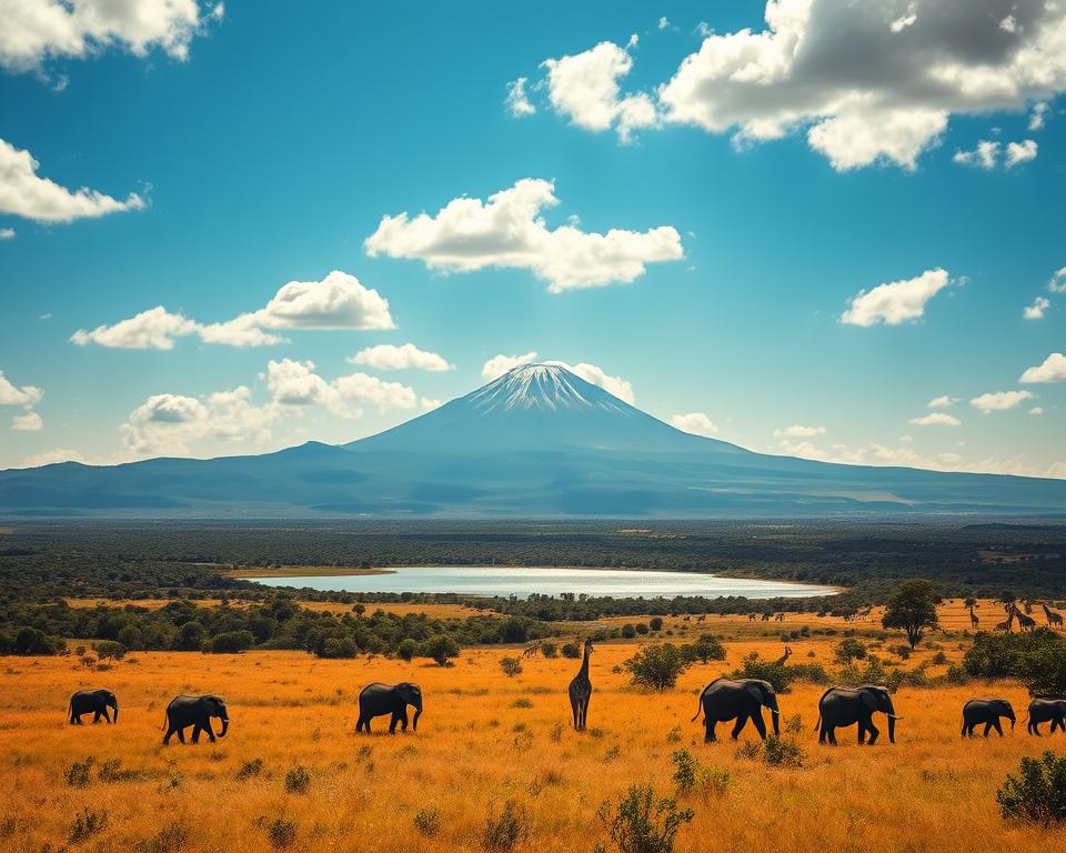 A breathtaking view of the diverse landscapes across Tanzania's regions, showcasing vibrant savannahs, lush highlands, and striking volcanic mountains. In the foreground, a golden grassland teems with acacia trees and grazing wildlife, such as elephants and giraffes. The middle ground features a serene lake reflecting the sky, surrounded by rich, green vegetation. In the background, the majestic Mount Kilimanjaro towers under a bright blue sky dotted with fluffy white clouds. The lighting is warm, suggesting a late afternoon sun, casting a soft glow over the scenery. The mood is tranquil yet awe-inspiring, encapsulating the natural beauty and cultural richness of Tanzania's landscapes. The perspective captures an expansive view, emphasizing the harmony of nature. No human subjects are present.