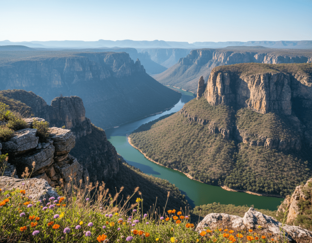 A breathtaking viewpoint overlooking the Blyde River Canyon in South Africa, capturing the grandeur of the emerald-green river winding through rugged cliffs. In the foreground, a rocky outcrop with vibrant wildflowers swaying gently in the breeze. The middle ground features the majestic canyon walls, adorned with lush vegetation and dramatic rock formations. In the background, a sweeping vista of the distant mountains under a clear blue sky, with soft, diffused sunlight illuminating the scene. The atmosphere is serene and awe-inspiring, evoking a sense of wonder. Shot with a wide-angle lens to emphasize the expansive landscape, creating a vivid and immersive experience of this iconic view.