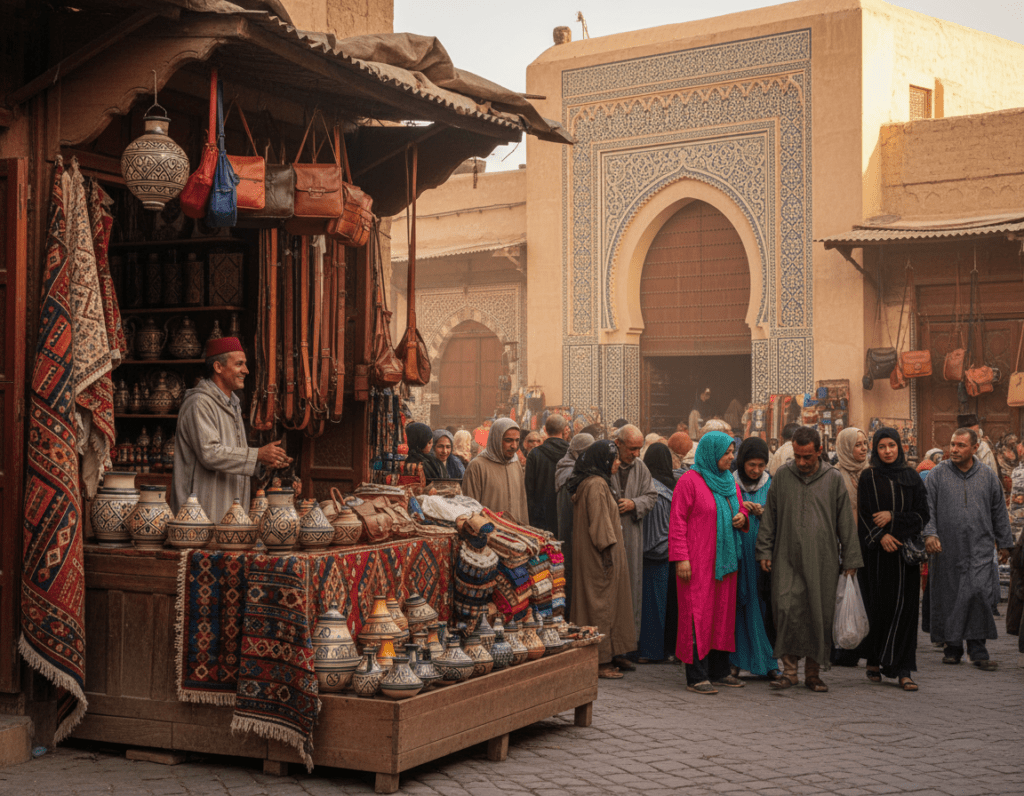 A bustling Fes souk scene filled with vibrant colors and traditional crafts. In the foreground, a vendor stands behind a wooden stall adorned with handwoven rugs and intricate pottery, showcasing an array of vivid hues. The middle ground features shoppers, dressed in modest casual clothing, examining handcrafted leather goods and colorful textiles, each with thoughtful expressions. The background reveals the architectural beauty of Fes, including ornate mosaic tiles and arched doorways, bathed in warm afternoon sunlight that casts soft shadows on the cobblestone streets. The atmosphere is lively, filled with the sounds of chatter and the faint scent of spices in the air, conveying a rich cultural experience. The angle is slightly elevated to encompass the layers of activity and craftsmanship, inviting the viewer into the heart of Fes's market life.
