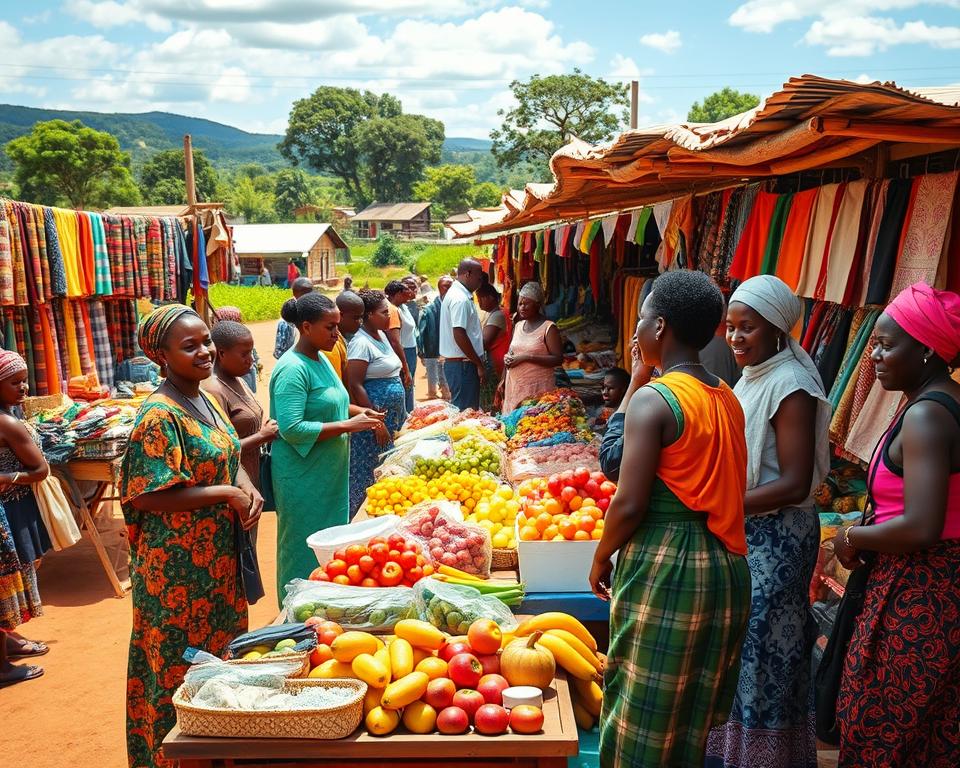 A bustling outdoor market in Kenya, showcasing vibrant stalls filled with colorful fabrics, handmade crafts, and fresh produce. In the foreground, a group of local vendors, dressed in traditional attire and modest casual clothing, engage with customers. Brightly colored fruit and vegetables are arranged attractively on wooden tables. In the middle ground, shoppers exchange goods and smiles, creating a lively and inviting atmosphere. The background features lush greenery and blue skies, hinting at the rural Kenyan landscape. The lighting is warm and natural, evoking a joyful, bustling market day. The scene captures the essence of cultural experiences, with the rich textures and colors of Kenya's markets prominently displayed.