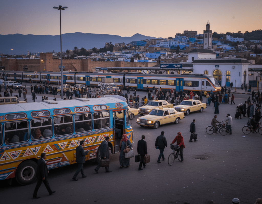 A bustling scene depicting the journey to Fes, Morocco, focusing on the vibrant transport options available. In the foreground, a brightly colored local bus is loading passengers, showcasing people in professional attire and modest casual clothing. In the middle ground, various modes of transport such as taxis, bicycles, and a train station convey the diversity of travel methods. The background features the stunning skyline of Fes, with its iconic blue and white buildings and the majestic Atlas Mountains in delicate twilight hues. The soft ambient lighting casts a warm glow over the scene, capturing the lively atmosphere. Use a slightly elevated angle to provide an expansive view, emphasizing the dynamic energy of the city. The mood is exciting and inviting, reflecting the anticipation of visiting this enchanting city.