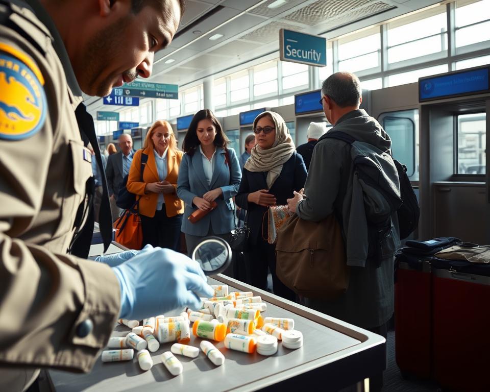 A busy airport security checkpoint with a focus on medication inspection. In the foreground, a uniformed security officer examines a collection of prescription medications on a table, using gloves and a magnifying glass for detail. Middle ground features travelers from diverse backgrounds, including a woman in a smart business attire and a man in modest casual clothing, waiting in line with their luggage and medical bags. The background shows airport signage and a security scanning machine. The scene is illuminated with bright, natural lighting, casting soft shadows, creating a professional and serious atmosphere. The angle captures the dynamic activity of the checkpoint, emphasizing safety and compliance while ensuring a clear view of medications and security procedures.