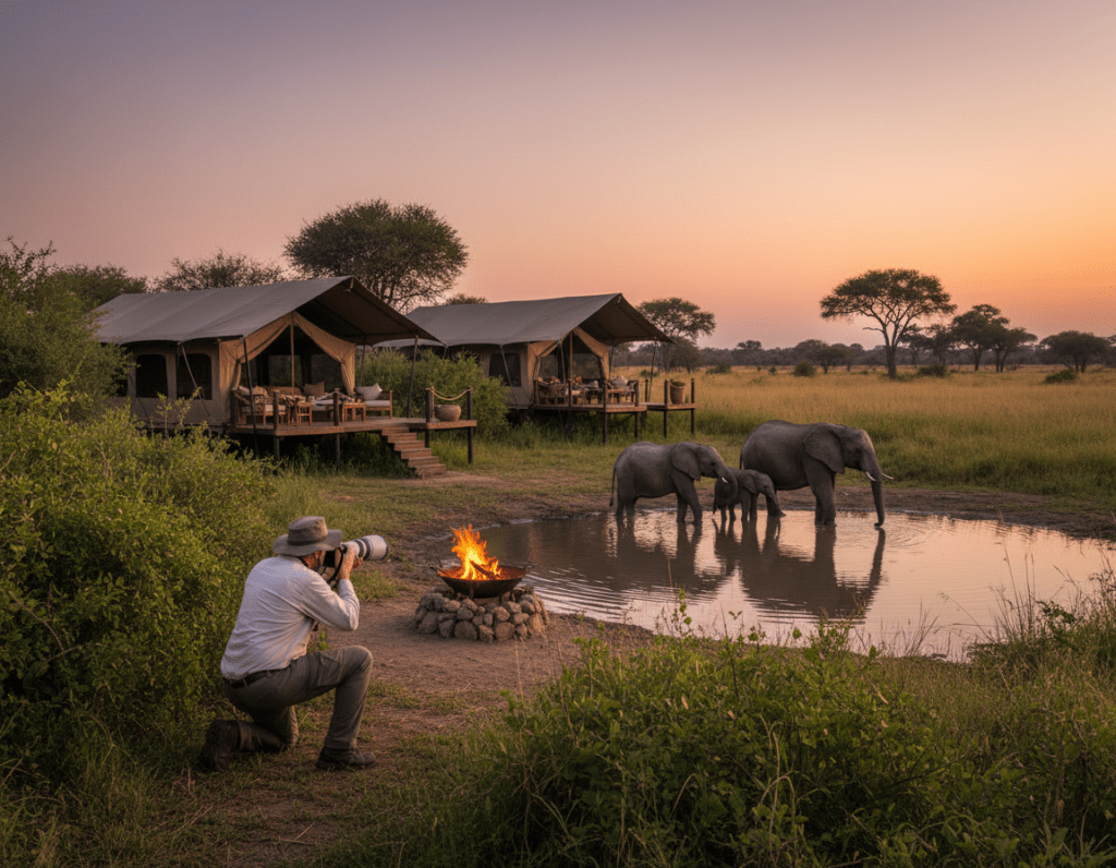 A captivating scene of an exclusive safari camp in Botswana's private concession, designed for photography enthusiasts. In the foreground, a professional photographer, dressed in modest, casual safari attire, is intently capturing images of a herd of elephants drinking from a watering hole. The middle ground features luxurious tented camps with wooden decks, surrounded by lush vegetation, and a cozy fire pit emitting a warm glow. The background showcases the golden savanna under a vibrant sunset sky, where acacia trees silhouette against the colorful hues of orange, pink, and violet. The lighting is soft and dramatic, highlighting the serene atmosphere, while the lens captures the depth of the scene at a slightly elevated angle, conveying a sense of immersive adventure and tranquility in the wild.