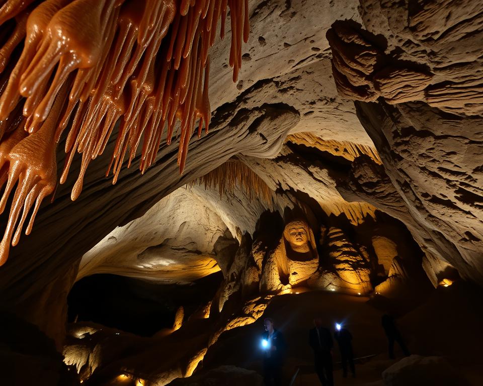 A captivating view of the Cango Caves in South Africa, showcasing the intricate limestone formations. In the foreground, illustrate glistening stalactites hanging from the cave ceiling, reflecting soft light. The middle ground should feature deep caverns and winding passages, with a hint of a group of tourists in professional attire exploring the cave with flashlights, their faces illuminated by the glow. In the background, depict dramatic rock formations and natural sculptures, with shadows creating a sense of depth. Utilize warm, ambient lighting to evoke a sense of mystery and adventure. Capture the essence of exploration and history within this ancient geological wonder. Use a wide-angle lens perspective to accentuate the cave's grandeur. A captivating view of the Cango Caves in South Africa, showcasing the intricate limestone formations. In the foreground, illustrate glistening stalactites hanging from the cave ceiling, reflecting soft light. The middle ground should feature deep caverns and winding passages, with a hint of a group of tourists in professional attire exploring the cave with flashlights, their faces illuminated by the glow. In the background, depict dramatic rock formations and natural sculptures, with shadows creating a sense of depth. Utilize warm, ambient lighting to evoke a sense of mystery and adventure. Capture the essence of exploration and history within this ancient geological wonder. Use a wide-angle lens perspective to accentuate the cave's grandeur.