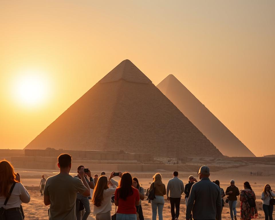A captivating view of the Giza Pyramids under a golden sunset, highlighting the ancient structures' grandeur and preservation efforts. In the foreground, tourists in modest casual clothing are taking photographs, admiring the pyramids while maintaining a respectful distance. The middle layer features the Great Pyramid with visible signs of conservation efforts—scaffolding and restoration equipment subtly integrated. In the background, the surrounding desert landscape reflects the warm hues of the setting sun, enhancing the serene atmosphere. The lighting is soft, creating an ethereal glow around the pyramids, while a slightly dusty haze adds to the authenticity of the location. Capture the essence of a cherished UNESCO site with a focus on environmental and historical preservation, evoking intrigue and respect.