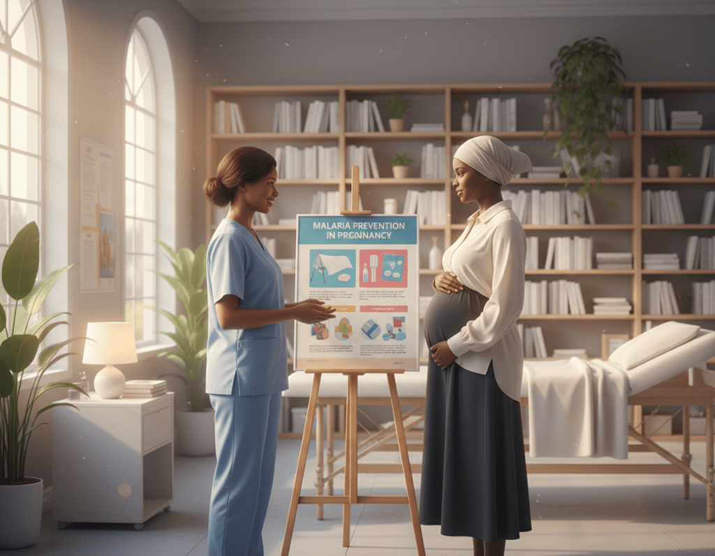 A caring healthcare professional in a bright, airy clinic, gently consulting with a visibly expectant woman dressed in modest, professional attire, radiating serenity and hope. The foreground features the two figures engaged in conversation, with the healthcare provider gesturing towards a visual aid on malaria prevention strategies in pregnancy. In the middle, a comfortable exam table and soft lighting create a welcoming atmosphere. In the background, shelves filled with medical literature and plants evoke a sense of tranquility and safety. The scene is bathed in warm natural light, coming from large windows, enhancing the feeling of care and compassion. The overall mood is reassuring and informative, focusing on maternal health and well-being amidst health concerns.