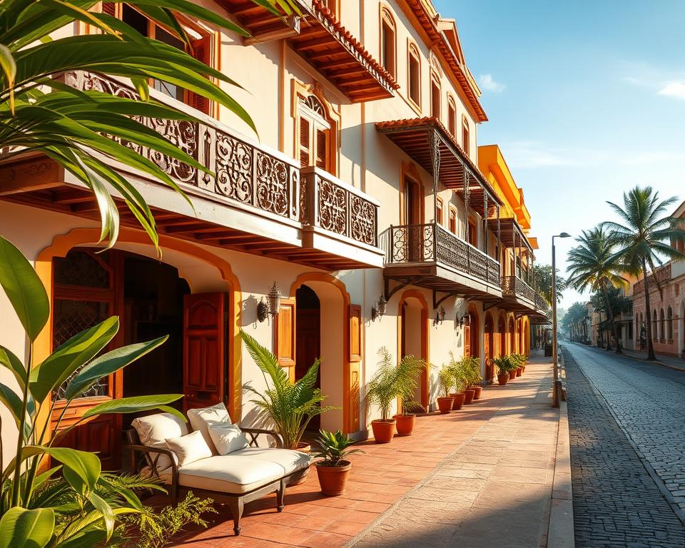A charming boutique hotel in Stone Town, Tanzania, featuring traditional Zanzibari architecture with intricate wooden balconies and vibrant colors. In the foreground, a cozy terrace adorned with lush tropical plants and soft cushions invites relaxation. In the middle ground, the elegant hotel façade showcases historical elements like ornate doorways and beautifully detailed windows, bathed in warm, golden afternoon light. The background reveals the cobblestone streets of Stone Town, with the silhouette of palm trees swaying gently under a clear blue sky. Soft shadows add depth to the scene, creating a tranquil and inviting atmosphere that reflects the rich cultural heritage of the area while emphasizing the allure of a unique accommodation option.