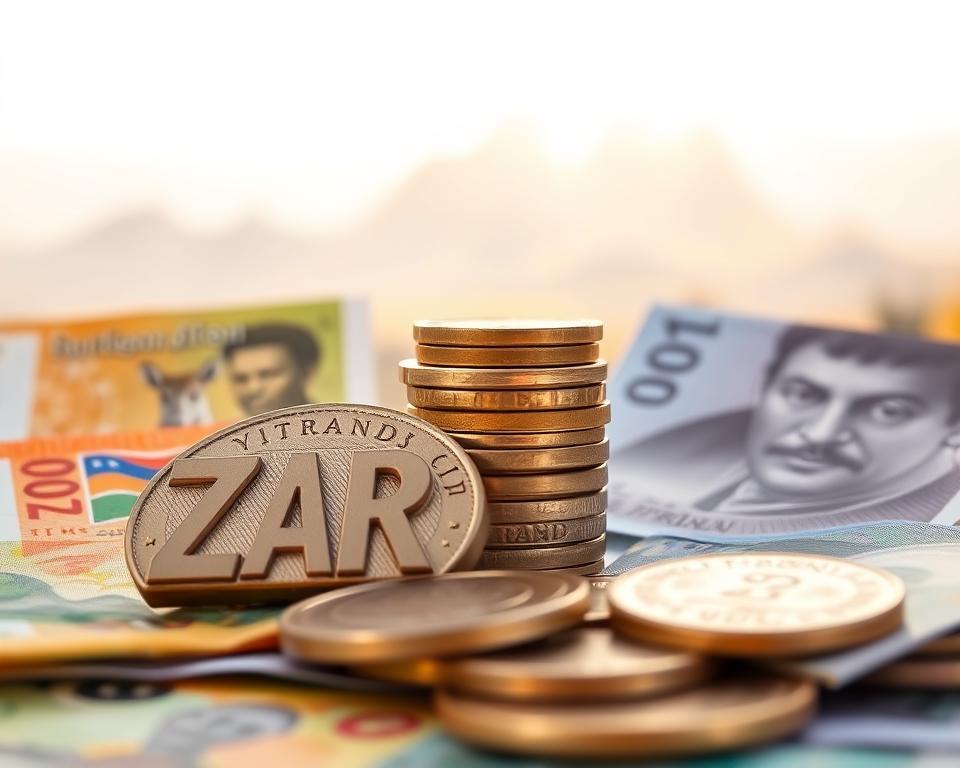A close-up of South African Rand banknotes and coins, showcasing the ZAR currency symbol prominently in the foreground. The banknotes display vibrant colors featuring iconic South African wildlife and landmarks, while the coins reflect intricate designs that highlight their value. In the middle ground, a neatly stacked arrangement of various denominations emphasizes the concept of currency. The background features a soft-focus image of the South African landscape, symbolizing the nation’s rich culture and economy. The lighting is warm and inviting, simulating natural sunlight, which enhances the colors and textures of the banknotes and coins. The atmosphere conveys a sense of stability and familiarity, perfect for illustrating the significance of the South African Rand.