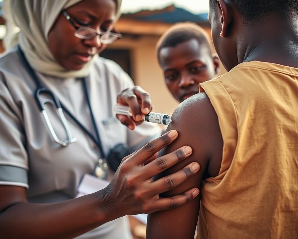 A close-up scene showcasing a health professional administering a rabies vaccination in Kenya. In the foreground, depict a skilled nurse in modest professional attire, carefully injecting a vaccine into the upper arm of a patient, who is dressed in casual, modest clothing. In the middle, include a detailed depiction of the vaccine vial and medical equipment, illuminated by soft, natural light creating a hopeful atmosphere. The background captures an outdoor clinic setting with vibrant Kenyan flora, indicating a warm, sunny day, enhancing the sense of care and safety in health practices. The composition should evoke a sense of trust and positivity surrounding vaccinations.